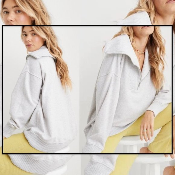 Aerie Women's XS Down To Earth Ribbed Quarter Zip Cotton Sweater Oversized Grey - Picture 2 of 6